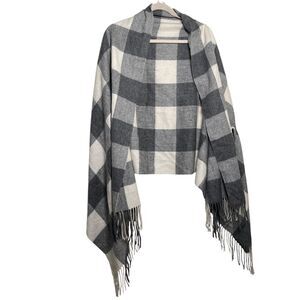 J Crew Shawl Women's One Size Wool Blend Plaid Fringe Open Cardigan Wrap